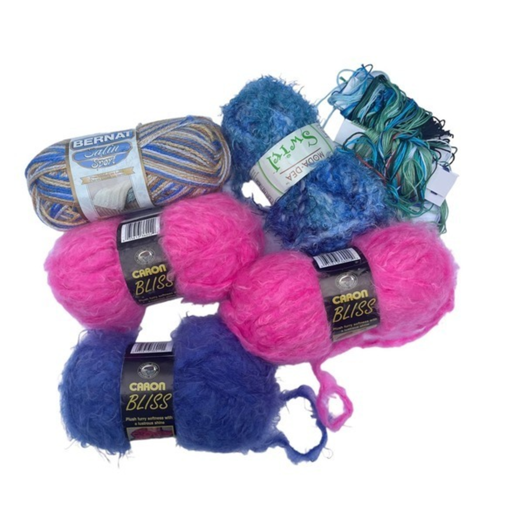 Lot of Yarn &‎ Embroidery Floss Bernat Blue, Pink, Green. Nylon, Wool, Acrylic.